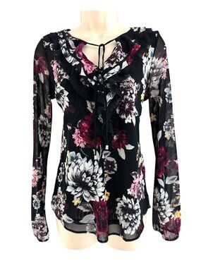 White House Black Market Mesh Floral Ruffle Long Sleeve Top Shirt Blouse Size S